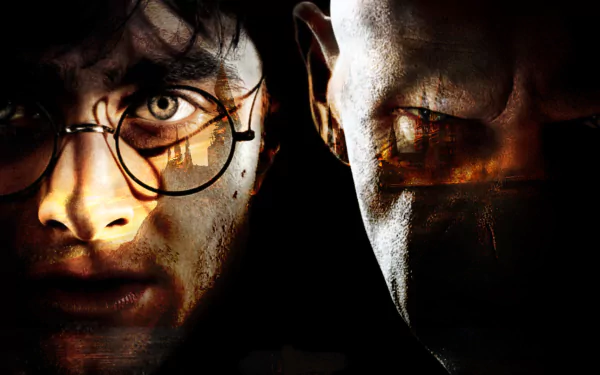 HD desktop wallpaper featuring a dramatic close-up of Harry Potter and Lord Voldemort from the Harry Potter movie series, reflecting the intense rivalry between the characters.