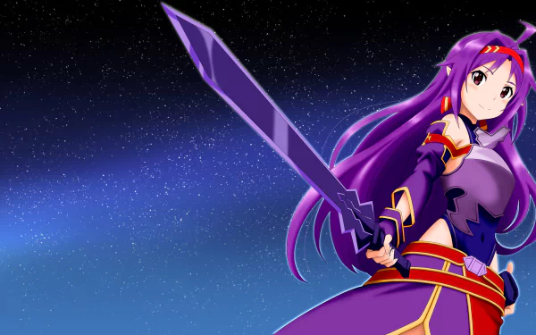 Sword Art Online II anime character with long purple hair and raised sword against a starry blue gradient — 4K Ultra HD PC desktop wallpaper/background.