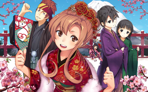 HD desktop wallpaper featuring Sword Art Online characters Kirito, Leafa, Klein, Yui, and Asuna Yuuki in traditional attire, standing amidst cherry blossoms with a snow-capped mountain in the background.
