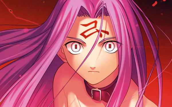 Anime-style 4K Ultra HD Fate/Stay Night wallpaper featuring a character with long pink hair and a glowing red symbol on her forehead against a dark red background.