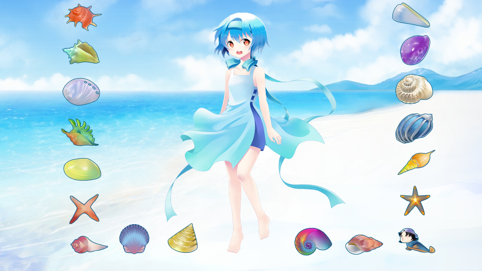 HD PC wallpaper of Maris (Voices from the Sea) on a sunlit seashore, ribbon-tied dress flowing, framed by colorful shells and marine icons from the video game.