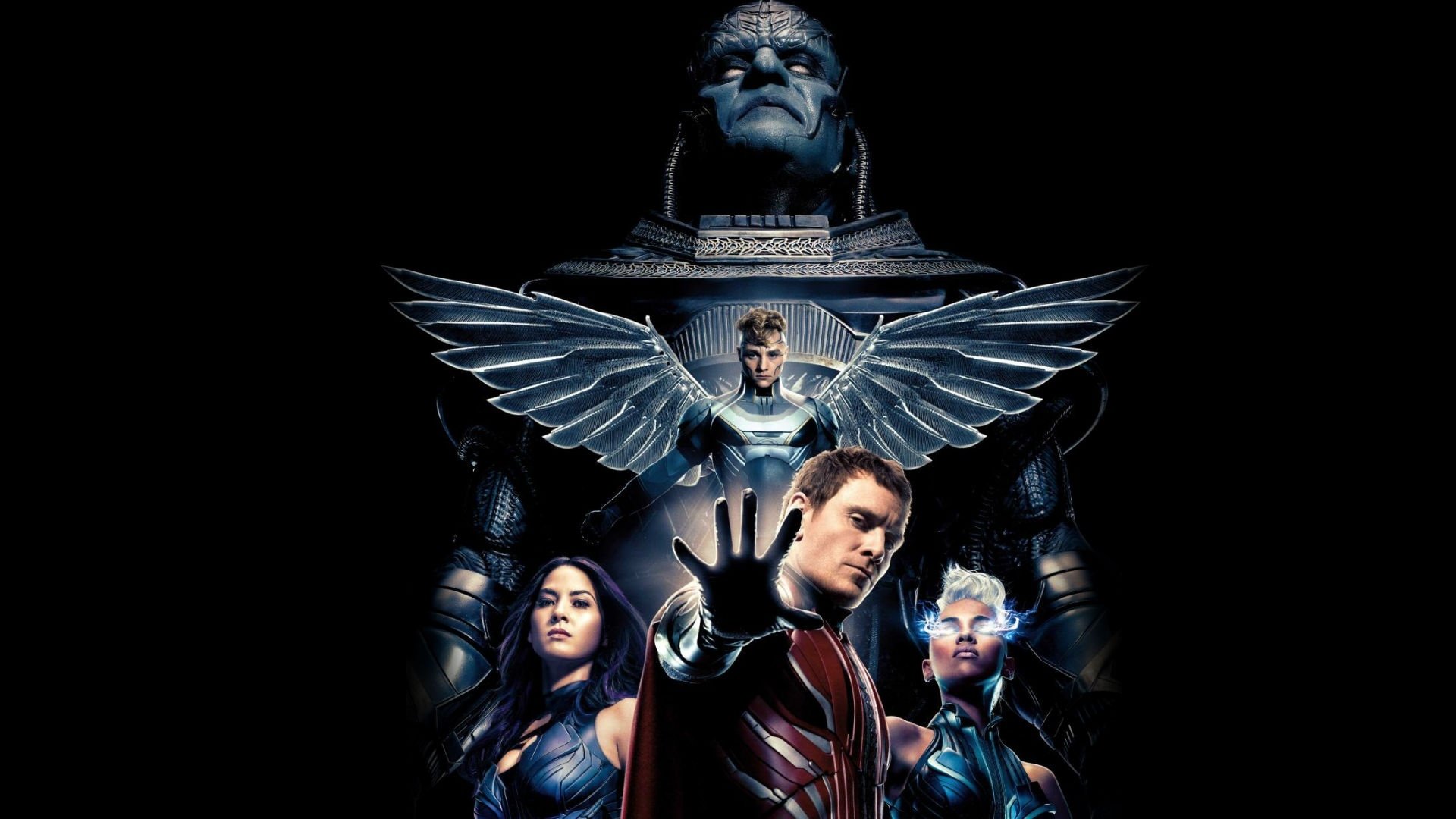 HD PC desktop wallpaper featuring characters from the movie X-Men: Apocalypse, with Apocalypse towering behind key mutants in a dramatic dark background.