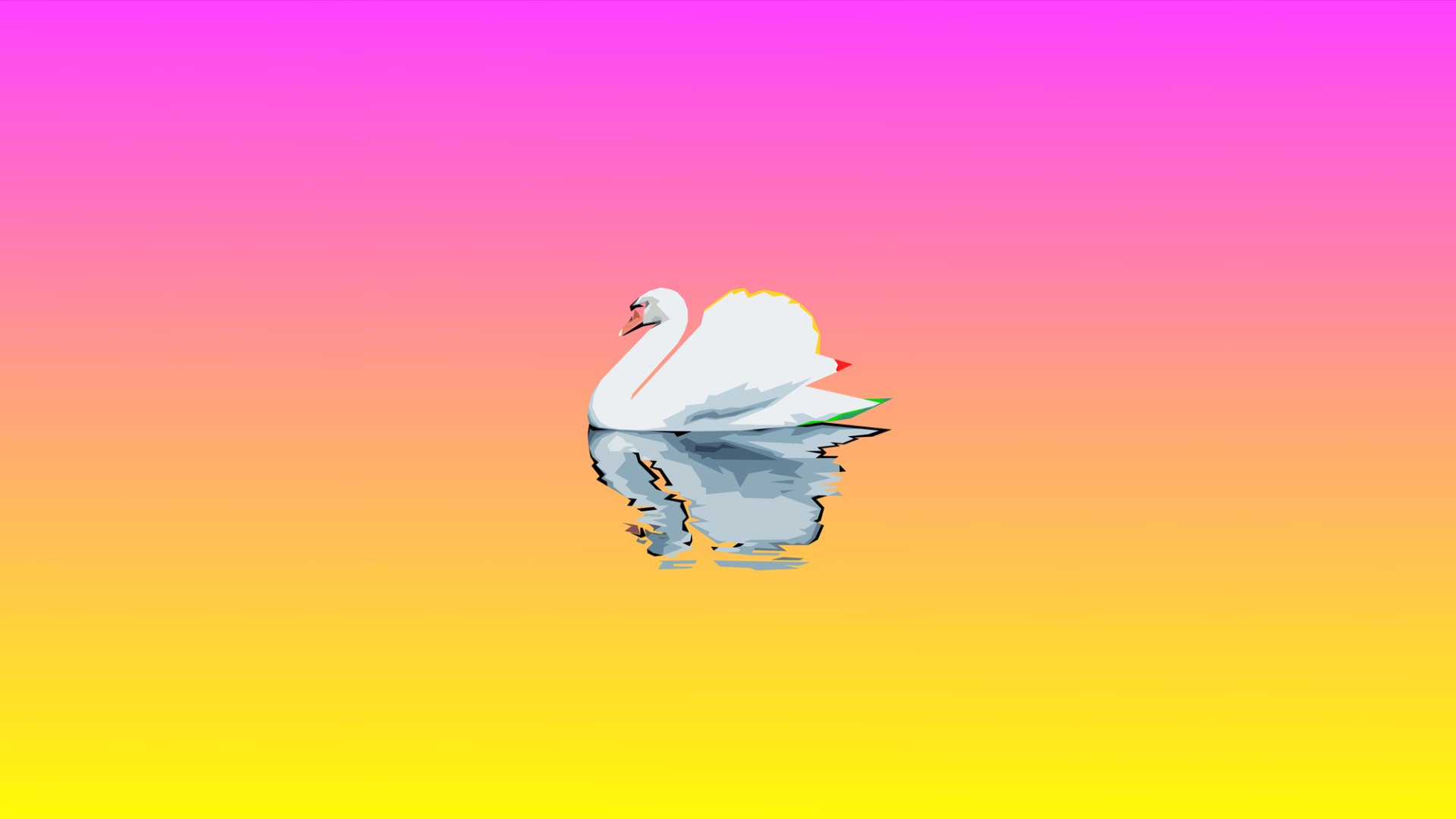HD desktop wallpaper of a swan reflected on a lake with a vibrant gradient background transitioning from pink to yellow.