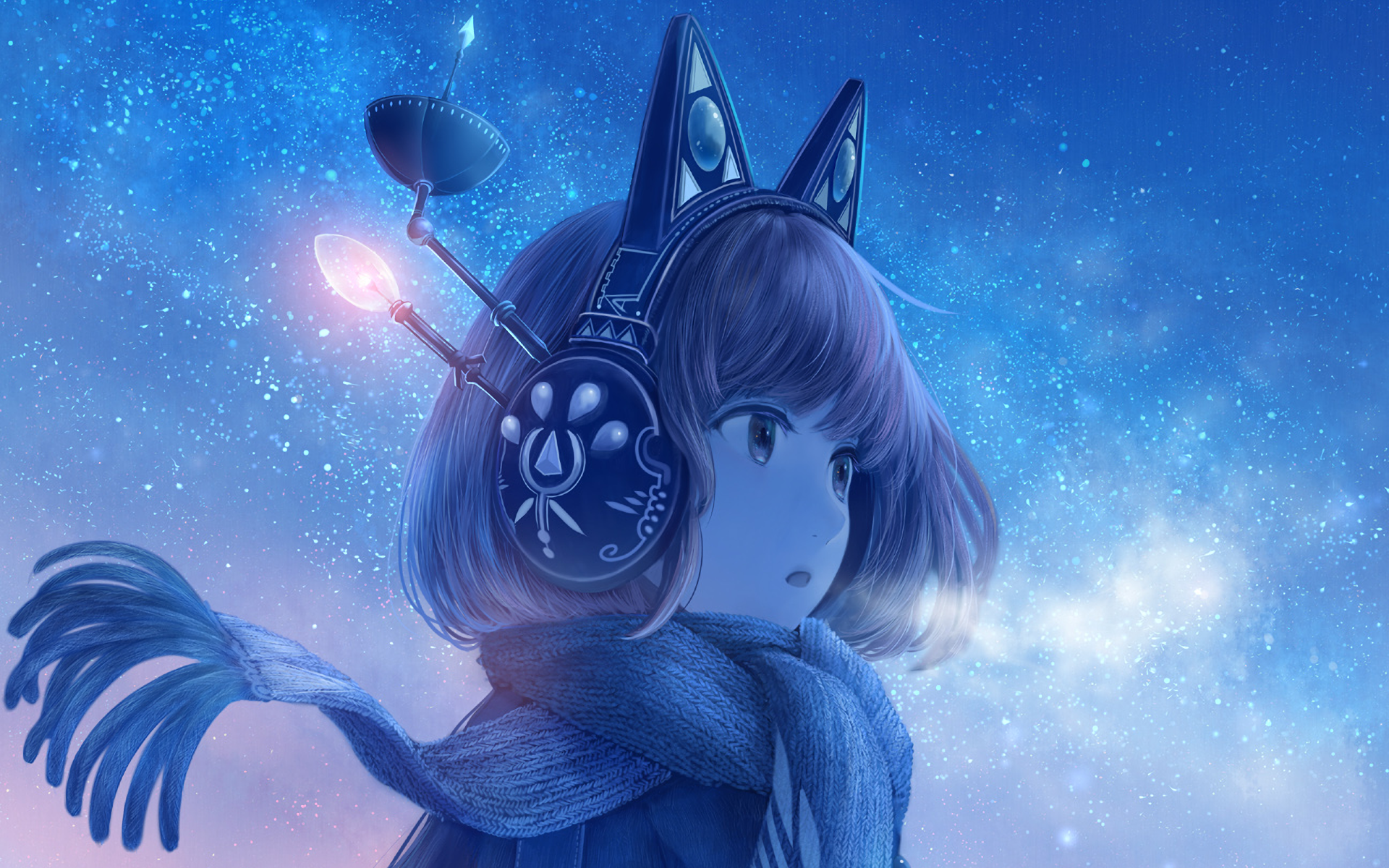 HD anime original artwork of a girl with cat-ear headphones and a scarf, set against a starry night sky, designed as a PC desktop wallpaper background.