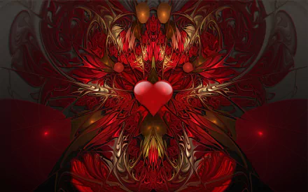 A high-definition desktop wallpaper featuring a red, heart-shaped fractal design with intricate, artistic patterns symbolizing love.