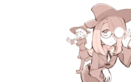 HD PC desktop wallpaper featuring anime characters Lotte Yanson and Sucy Manbavaran from Little Witch Academia in a clean, minimalistic design.
