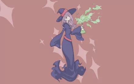 HD PC desktop wallpaper featuring Sucy Manbavaran from the anime Little Witch Academia, with her signature witch outfit and green magical potion.
