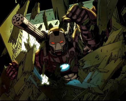 HD comic-style wallpaper featuring War Machine bursting through a wall, glowing arc reactor and red eyes highlighting the intense action scene.