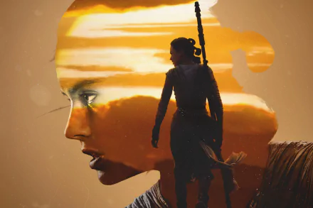 A 4K Ultra HD Star Wars Episode VII: The Force Awakens PC wallpaper featuring Rey in a dynamic double exposure style with a sunset backdrop.