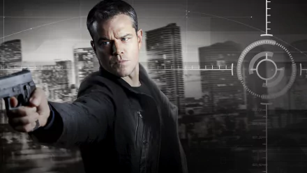 HD PC desktop wallpaper featuring Jason Bourne aiming a gun, set against a blurred cityscape with targeting scope graphics from the movie.