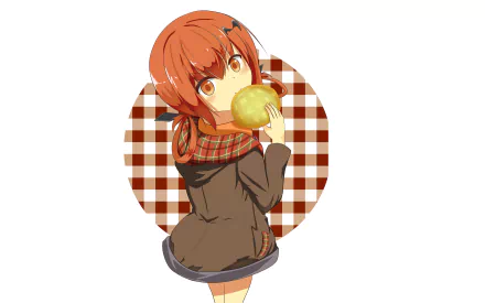 HD PC desktop wallpaper featuring Satanichia Kurumizawa McDowell from the anime Gabriel DropOut, with red hair and a plaid scarf against a checkered circle background.