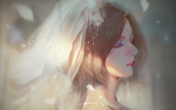 HD PC desktop wallpaper background: fantasy portrait of a sad bride — veiled woman in soft light, wistful expression and ethereal atmosphere.
