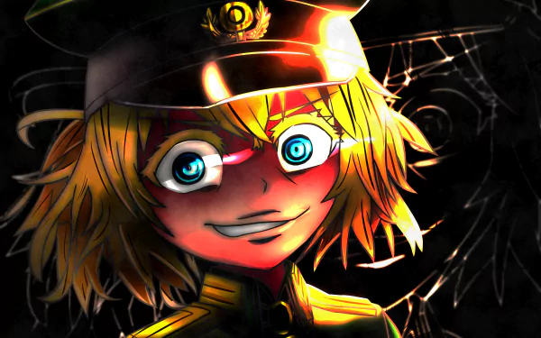 Close-up anime portrait of Tanya Degurechaff from The Saga of Tanya the Evil: eerie grin, glowing blue eyes, military cap, and dramatic lighting — 2K Quad HD PC desktop wallpaper/background