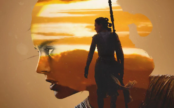 A 4K Ultra HD Star Wars Episode VII: The Force Awakens PC wallpaper featuring Rey in a dynamic double exposure style with a sunset backdrop.