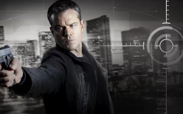 HD PC desktop wallpaper featuring Jason Bourne aiming a gun, set against a blurred cityscape with targeting scope graphics from the movie.