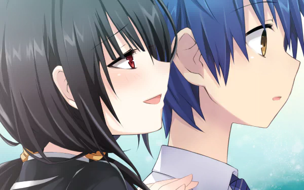 HD desktop wallpaper featuring Shido Itsuka and Kurumi Tokisaki from the anime Date A Live. Kurumi is behind Shido, with a serene background.