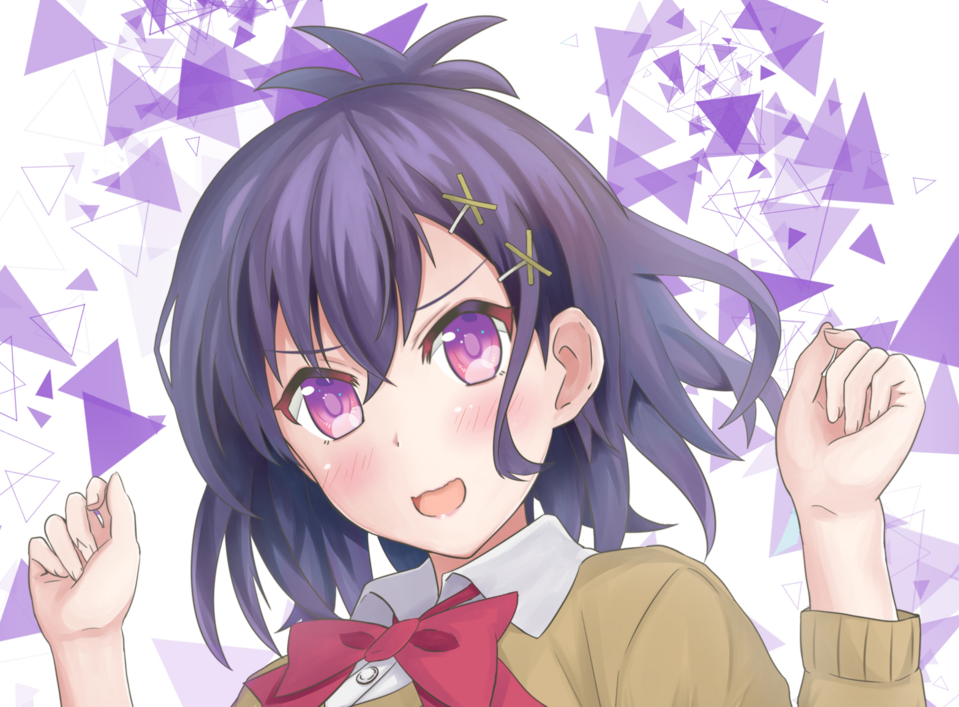 HD anime desktop wallpaper featuring Vignette Tsukinose April from Gabriel DropOut with vibrant purple tones and geometric accents.