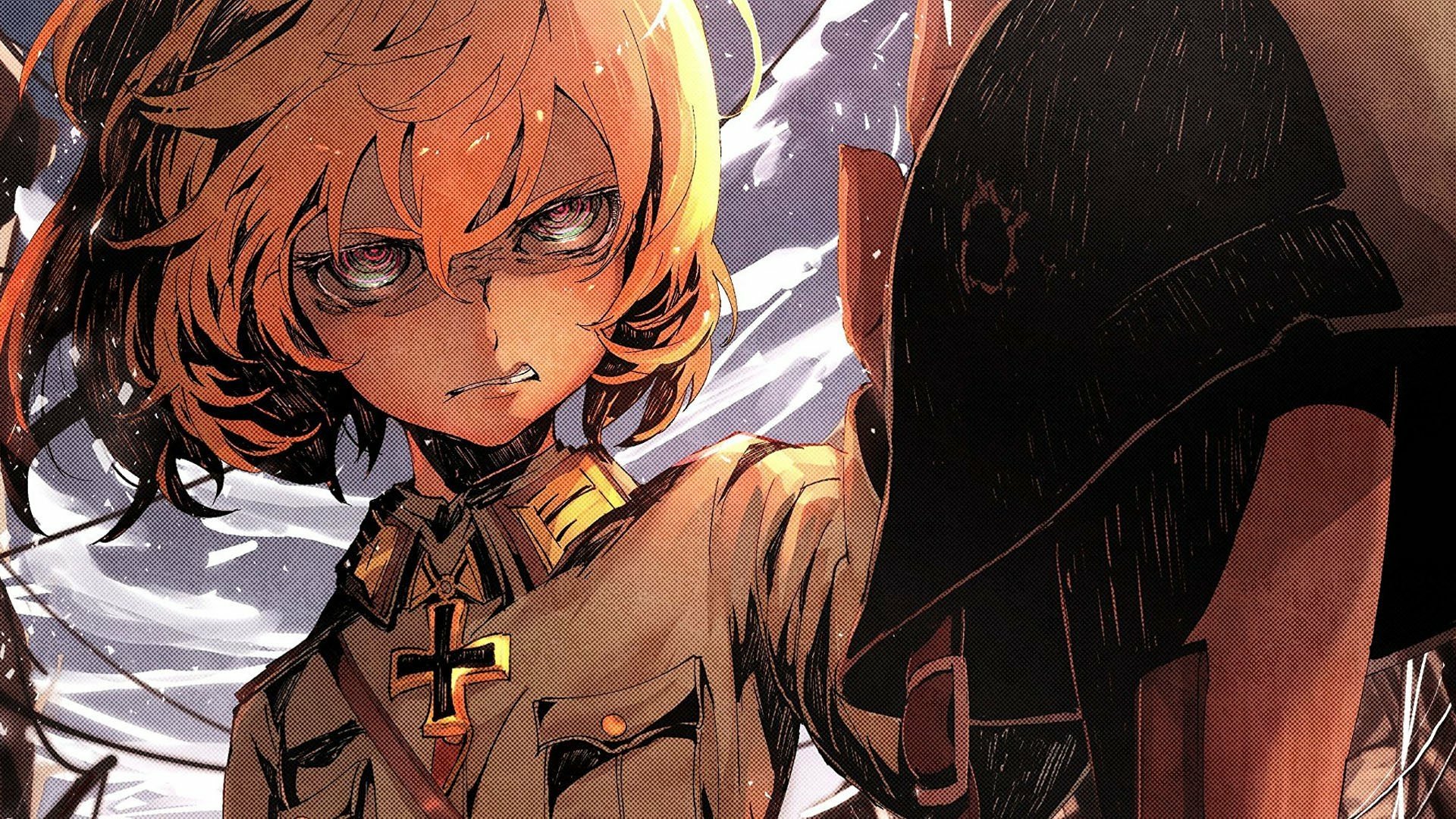 An intense HD desktop wallpaper featuring Tanya Degurechaff from the anime Youjo Senki, capturing her fierce expression and military uniform.