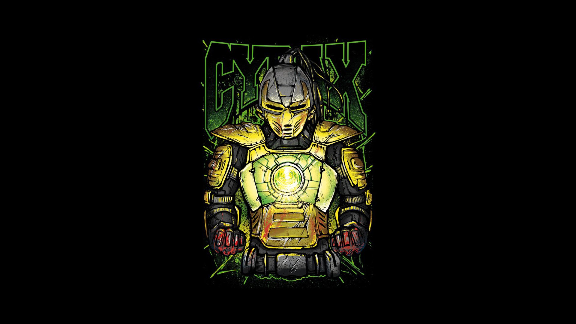 HD PC desktop wallpaper of Cyrax (Mortal Kombat) — yellow cyborg warrior in armored suit with glowing chest core on a black background, video game artwork.