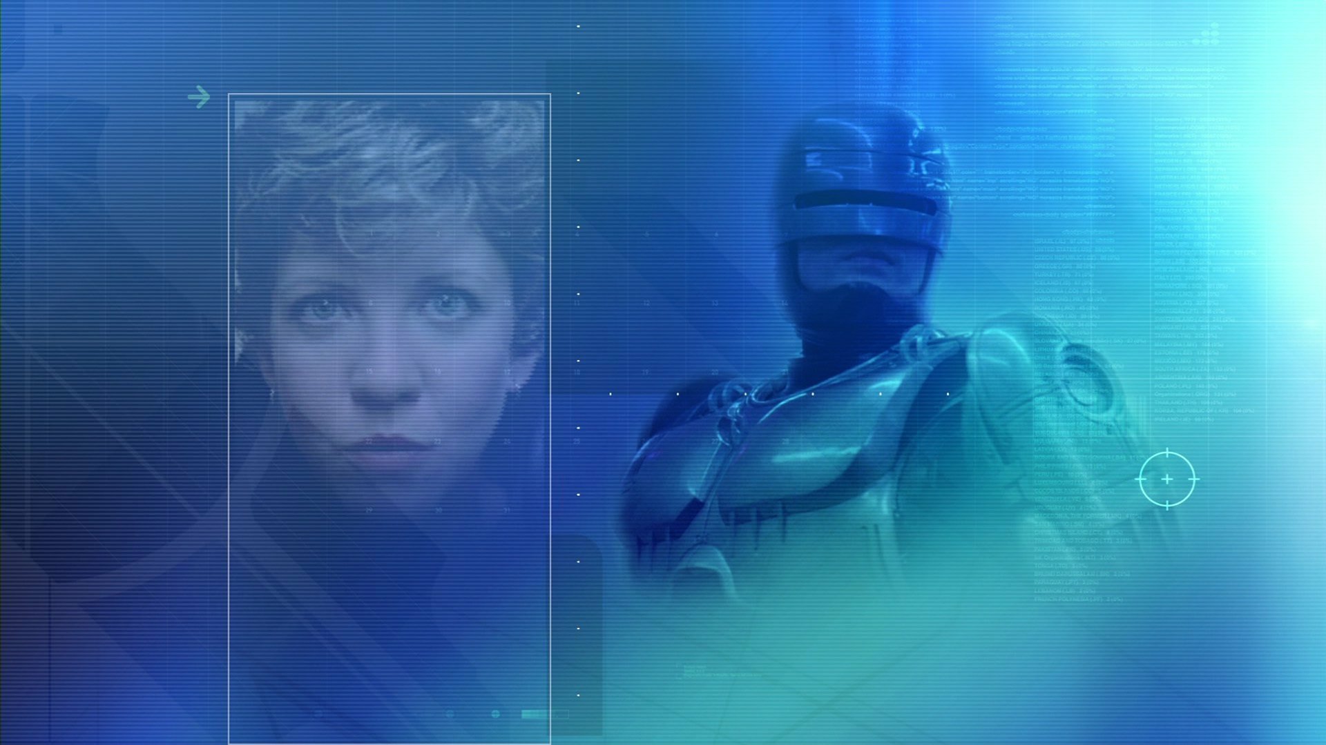 HD PC desktop wallpaper for Robocop (1987): RoboCop amid blue-green scanline effects with a translucent inset portrait of a woman.
