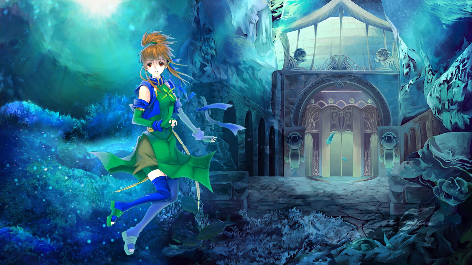 Zelan (Other Age: Second Encounter) video game HD PC desktop wallpaper and background: blue-green heroine floating before an icy, ornate ruin entrance.