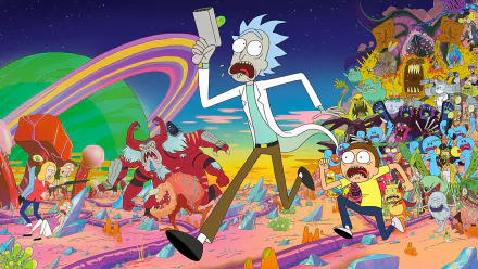 HD desktop wallpaper featuring Rick and Morty characters: Rick Sanchez, Morty Smith, Jerry Smith, Summer Smith, and Beth Smith in a chaotic alien landscape from the TV show Rick and Morty.