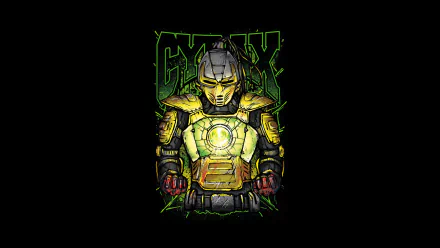 HD PC desktop wallpaper of Cyrax (Mortal Kombat) — yellow cyborg warrior in armored suit with glowing chest core on a black background, video game artwork.
