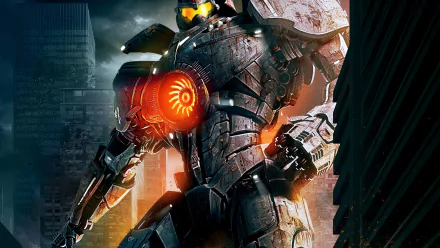 HD desktop wallpaper and background image tagged with movie, Pacific Rim, featuring a towering, armored robot with glowing orange details standing amidst city buildings.