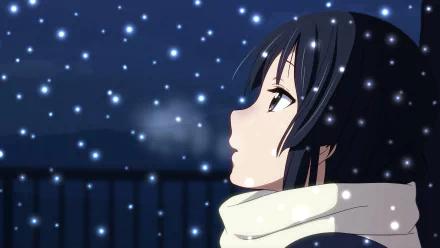 HD desktop wallpaper featuring Mio Akiyama from the K-ON! anime, gazing at falling snowflakes in a serene night setting, wrapped in a cozy scarf.