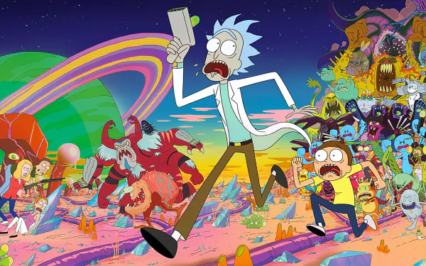 HD desktop wallpaper featuring Rick and Morty characters: Rick Sanchez, Morty Smith, Jerry Smith, Summer Smith, and Beth Smith in a chaotic alien landscape from the TV show Rick and Morty.