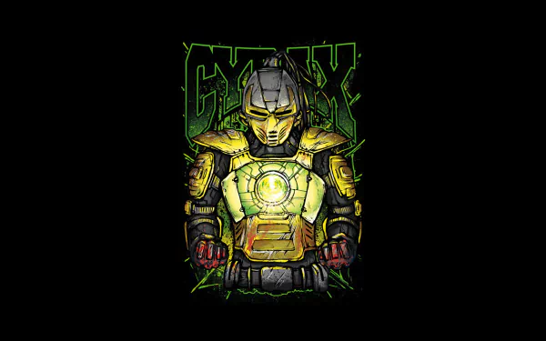 HD PC desktop wallpaper of Cyrax (Mortal Kombat) — yellow cyborg warrior in armored suit with glowing chest core on a black background, video game artwork.