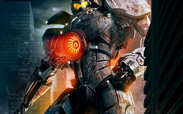 HD desktop wallpaper and background image tagged with movie, Pacific Rim, featuring a towering, armored robot with glowing orange details standing amidst city buildings.