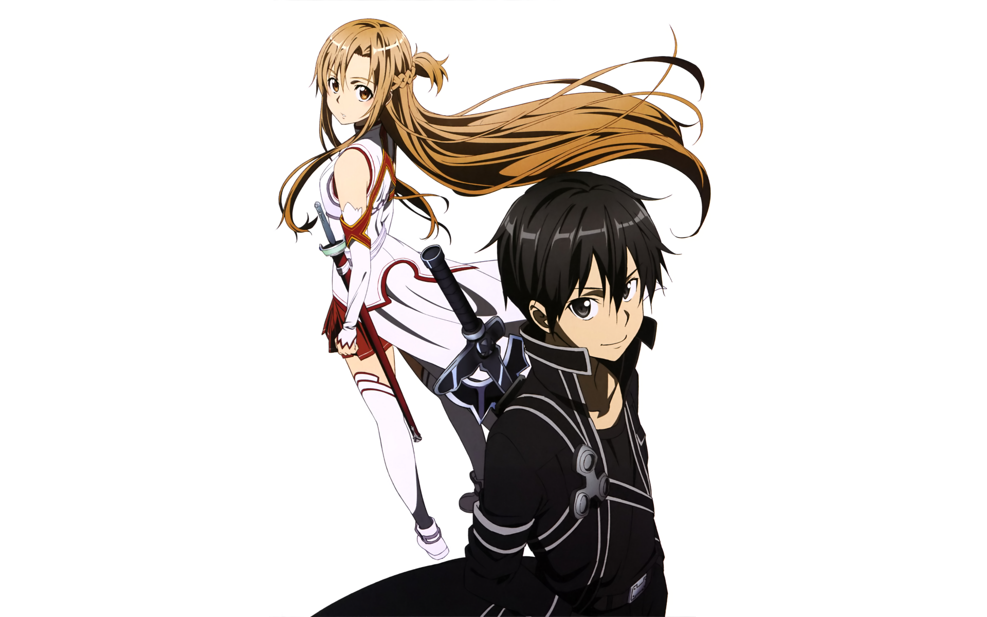 Anime-style 4K Ultra HD desktop wallpaper featuring Kirito and Asuna from Sword Art Online in dynamic poses with flowing hair and detailed outfits.