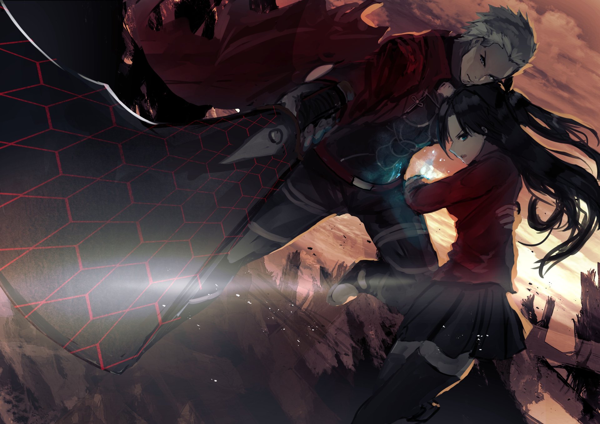 HD PC desktop wallpaper featuring Rin Tohsaka and Archer from the anime Fate/Stay Night in a dynamic, dramatic scene.