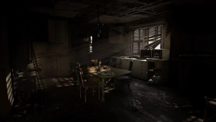 Dark, eerie room from Resident Evil 7: Biohazard, captured in 4K Ultra HD as a PC desktop wallpaper, featuring a dimly lit dining table and boarded-up windows.