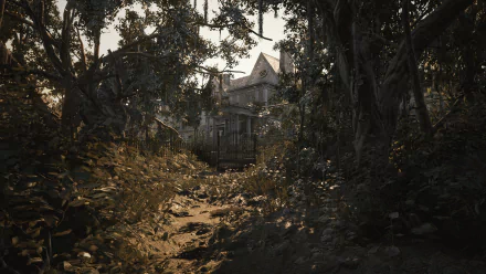 HD wallpaper of Resident Evil 7: Biohazard featuring a spooky, overgrown forest pathway leading to a creepy, dilapidated mansion. The scene exudes an eerie, suspenseful atmosphere.