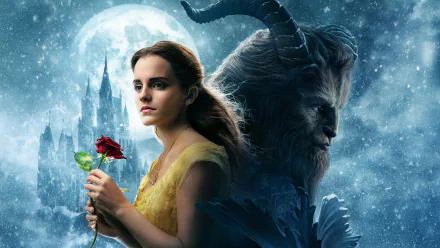 HD wallpaper from the movie Beauty and the Beast (2017), featuring Emma Watson as Belle holding a rose and Dan Stevens as the Beast, with a moonlit castle in the background.