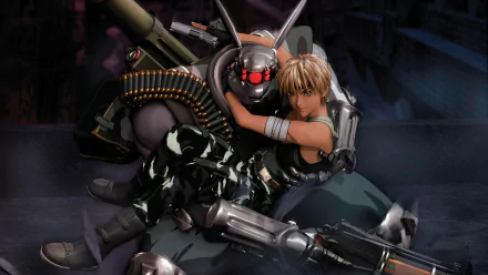 HD PC desktop wallpaper featuring anime characters from Appleseed, showcasing a futuristic soldier and a blonde-haired companion in a dark, intense setting.
