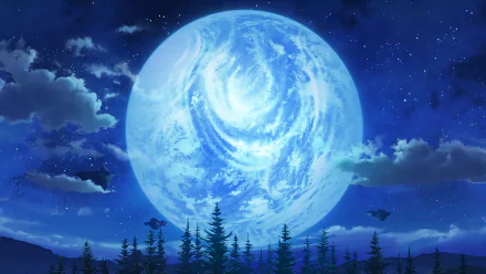 HD desktop wallpaper from Sword Art Online, featuring an expansive night sky with a large, glowing moon above a silhouette of pine trees.