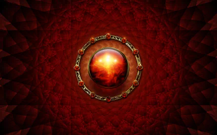 Abstract HD PC desktop wallpaper featuring a glowing red-orange sphere encircled by an ornate jewelry-like ring against a textured red background.