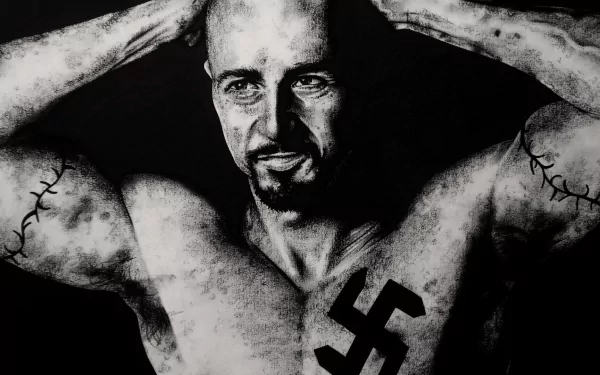 HD PC desktop wallpaper featuring a black and white image from the movie American History X, showing a muscular man with a swastika tattoo on his chest.