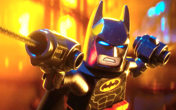 HD desktop wallpaper featuring Lego Batman from The Lego Batman Movie, showing an intense action scene with vibrant colors in the background.