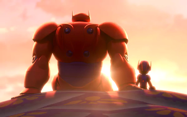 HD desktop wallpaper from the movie Big Hero 6, showing Baymax and Hiro standing side by side at sunset.