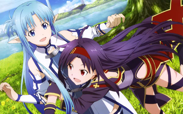 Anime-style Sword Art Online II characters in vibrant 4K Ultra HD, set outdoors with lush greenery and a bright sky, designed as a PC desktop wallpaper background.
