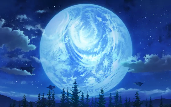 HD desktop wallpaper from Sword Art Online, featuring an expansive night sky with a large, glowing moon above a silhouette of pine trees.