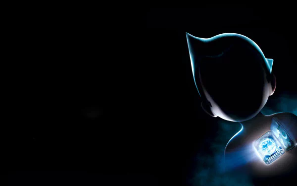 HD desktop wallpaper of Astro Boy from the movie Project Atom, featuring a dramatic silhouette with a glowing circuit in his chest against a dark background.