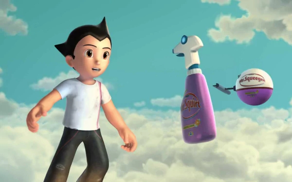 HD desktop wallpaper from the movie Project Atom, featuring Astro Boy floating among the clouds, accompanied by a spray bottle and a spherical object.