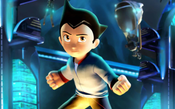 HD desktop wallpaper of Astro Boy from the movie Project Atom, featuring the character in a dynamic pose against a futuristic background.