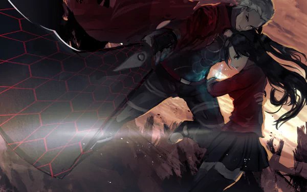 HD PC desktop wallpaper featuring Rin Tohsaka and Archer from the anime Fate/Stay Night in a dynamic, dramatic scene.