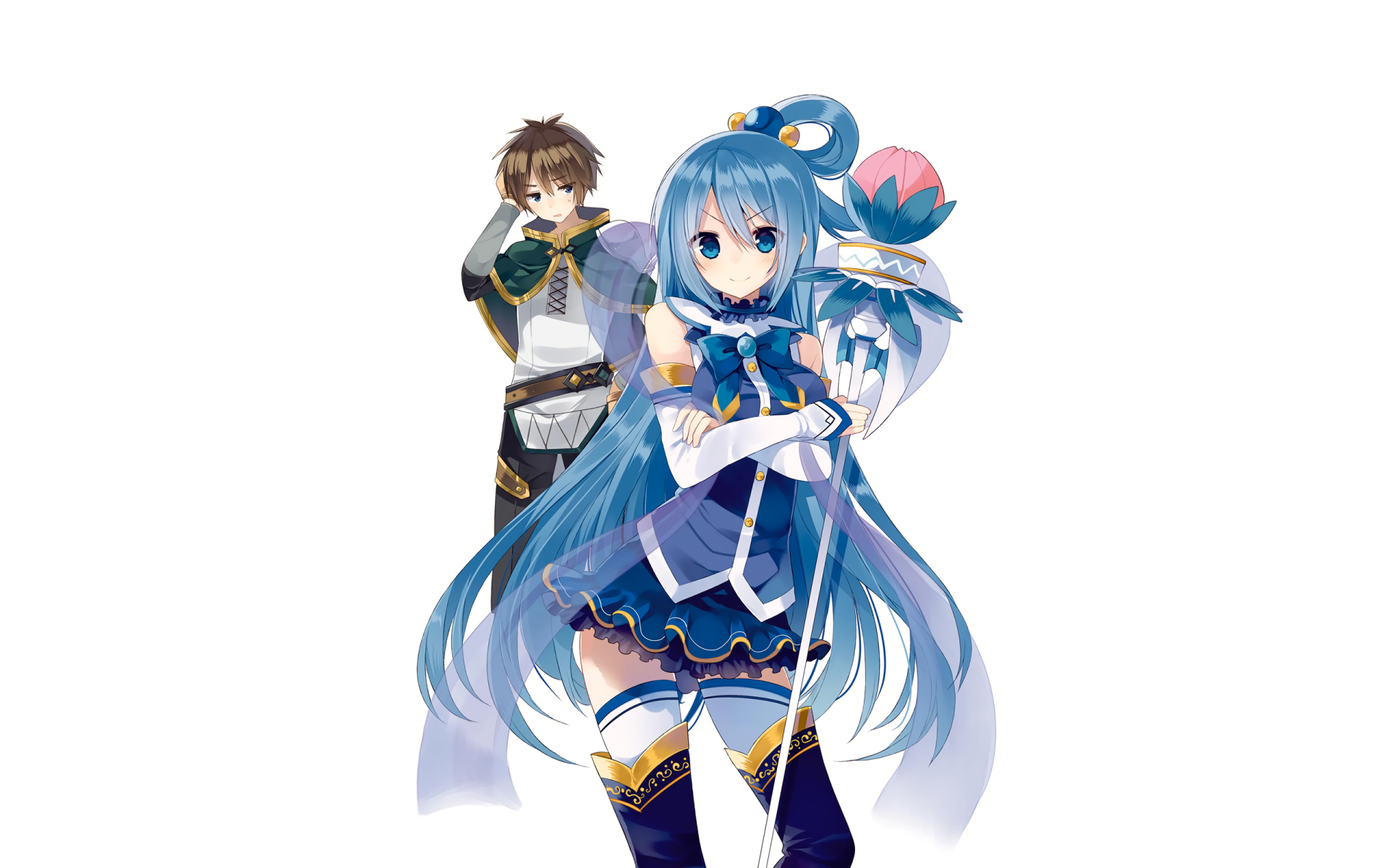 HD wallpaper featuring Kazuma Satou and Aqua from the anime KonoSuba: God's Blessing on This Wonderful World!! Kazuma stands in the background while Aqua poses confidently in the foreground.